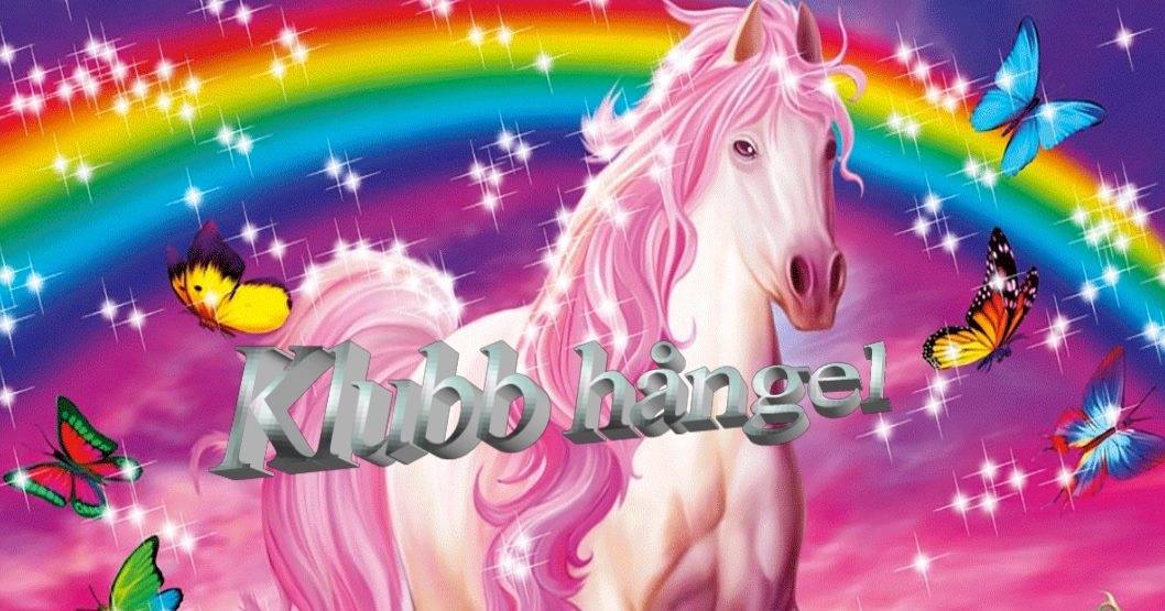 Klubb Hångel. Bild på en rosa häst framför en regnbåge.