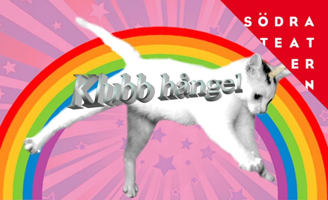 En katt med ett enhörningshorn som hoppar framför en regnbåge. Runt om är stora snöflingor. Klubb Hångel står med stora silvriga bokstäver. 