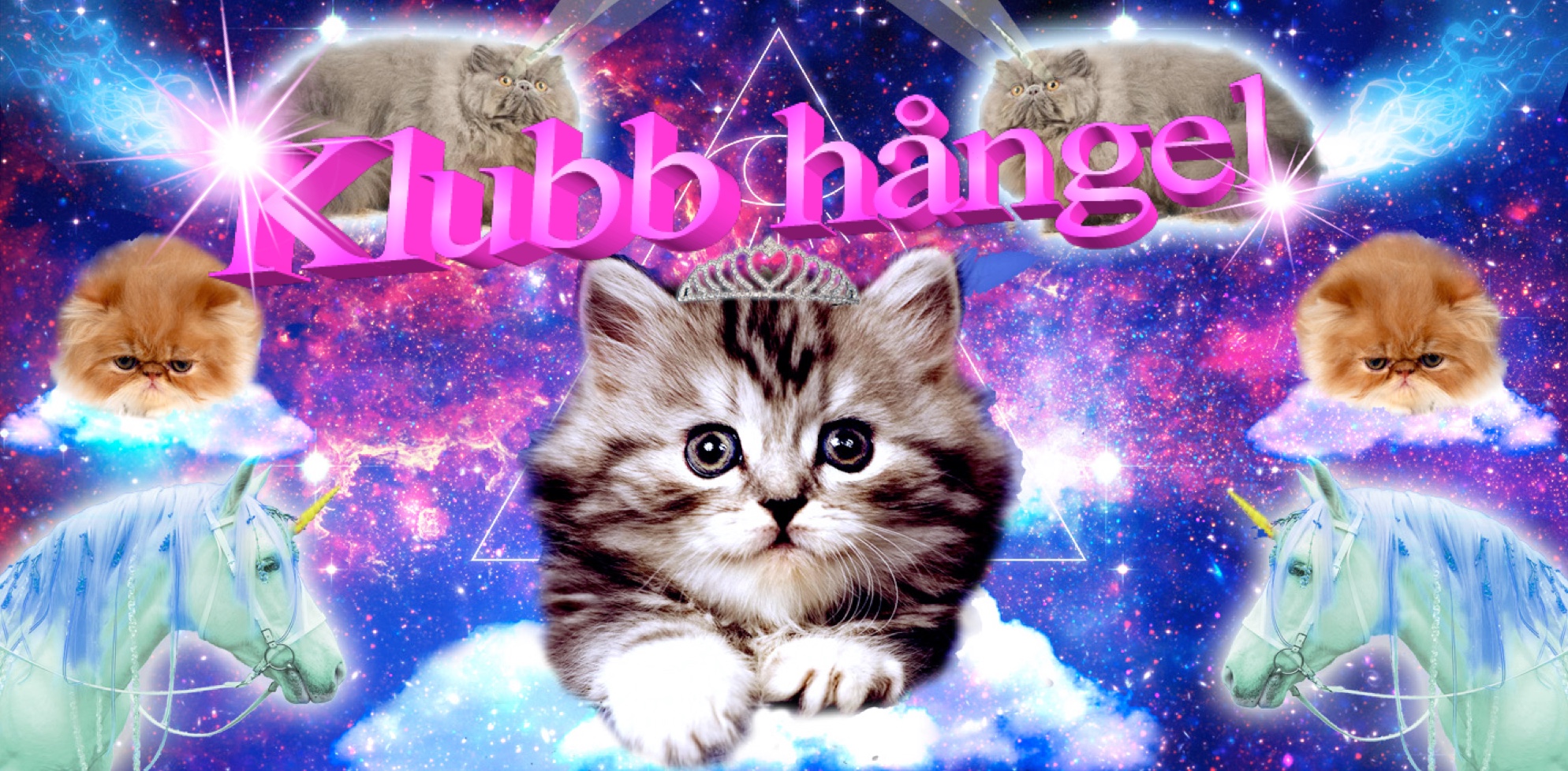 En katt i rymden med en tiara, katter med enhörningshorn, enhörningar. Texten "Klubb Hångel" i stora rosa bokstäver som gnistrar. 