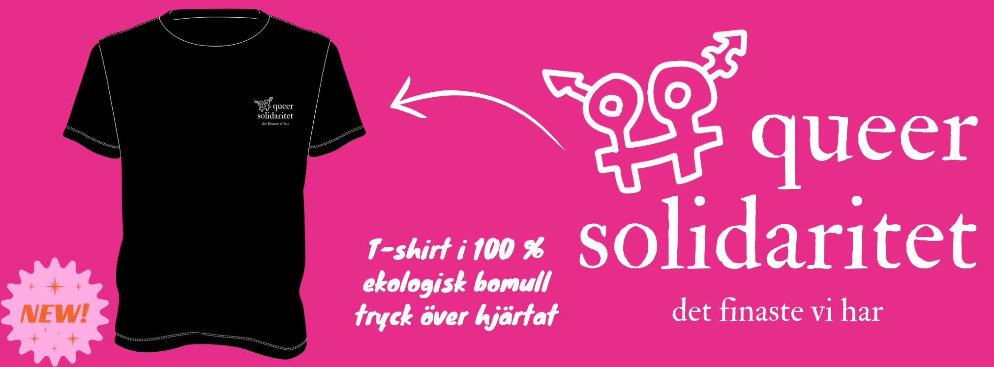 Svart t-shirt i 100% bomull. Litet tryck över hjärtat med texten "queer solidaritet, det finaste vi har" i vitt. trans-lesbisk symbol bredvid trycket