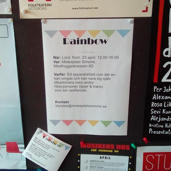 Bild på en anslagstavla med en flyer för Rainbows första träff!