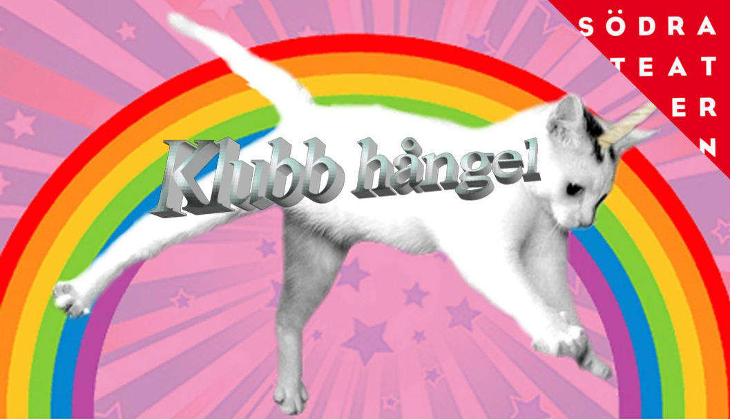 Bild på en vit katt med ett enhörningshorn som hoppar framför en regnbåge. Framför står det Klubb hångel 