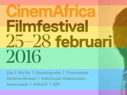 Texten &quot;CinemAfrica Filmfestival 25-28 februari 2016, Zita | Bio Rio | Klarabiografen | Cinemateket | Moderna Museet | Kulturhuset Stadsteatern | Dansmuseet | Helios13 | ABF&quot; mot en regnbågsfärgad bakggrund.
