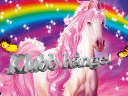 Klubb Hångel. Bild på en rosa häst framför en regnbåge.