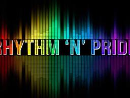 Texten &quot;Rhythm &#039;n&#039; Pride&quot; i regnbågsfärger mot en svart bakgrund.
