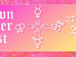 Rosa-gul tonad bild med vit text där det står Etown Queer Fest 27-28 juli med en lesbisk-, trans-, gay- och merkurius-symbol som håller händer.