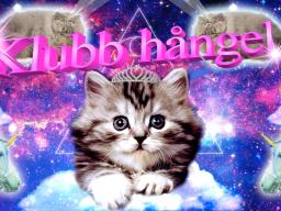 En katt i rymden med en tiara, katter med enhörningshorn, enhörningar. Texten &quot;Klubb Hångel&quot; i stora rosa bokstäver som gnistrar. 