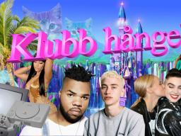 Bild på en magisk värld med ett lila barbie-slott. Texten Klubb Hångel i stora rosa bokstäver. Bild på MNEK, Olly Alexander och Silvana Imam som kysser Beatrice Eli