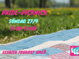 Ett fotografi av en picknickfilt på en gräsmatta. I omväxlande rosa och turkos text står det Pride-Picknick, Söndag 27/9, 11:00-13:00 samt Lesbisk Frukost Umeå. I hörnet finns lesbisk makts logga i form av bokstäverna LM i en turkos triangel.